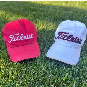 Titleist Mens Golf Hats Bundle Red Norwood Golf Club & White FJ Strapback Caps